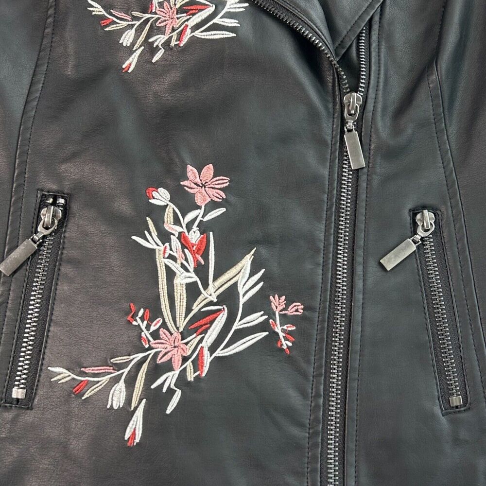 NWT Alfani Embroidered Moto Jacket Black Sz S Faux Vegan Leather Floral Biker - Picture 5 of 12